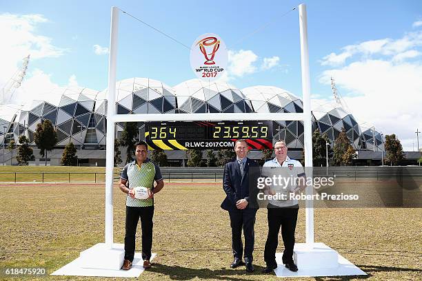 Rugby League legends Steve Renouf of Australia and Garry Schofield of Great Britain along with Andrew Hill 2017 Rugby League World Cup CEO pose under...