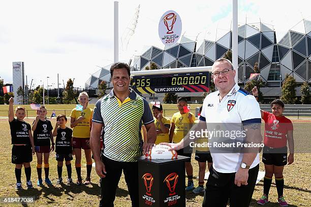 Rugby League legends Steve Renouf of Australia and Garry Schofield of Great Britain prepare to start the countdown clock during a media opportunity...