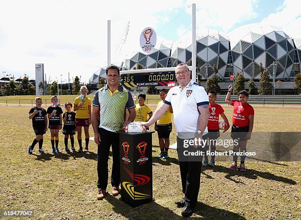 Rugby League legends Steve Renouf of Australia and Garry Schofield of Great Britain prepare to start the countdown clock during a media opportunity...