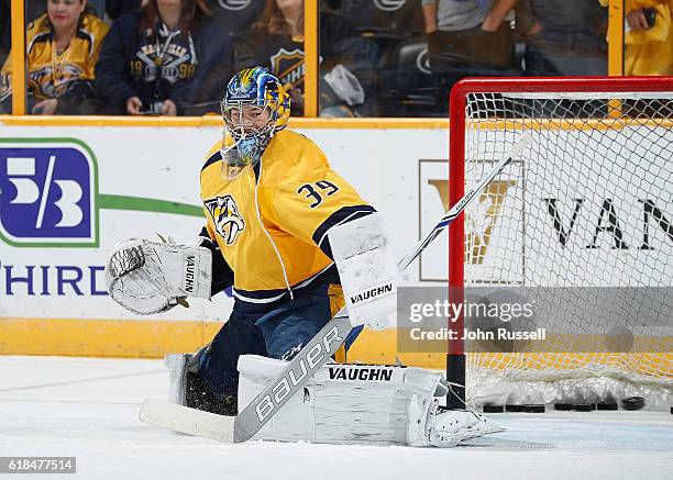 Marek Mazanec of the Nashville Predators tends net in warm-ups prior an NHL game against the Pittsburgh Penguins at Bridgestone Arena on October 22,...