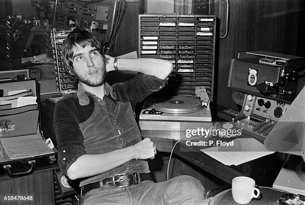 Radio disc jockey Johnnie Walker in a radio studio, UK, 23rd November 1971.