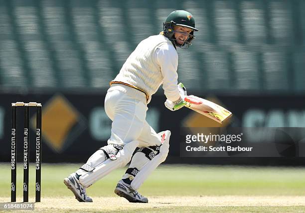 George Bailey of Tasmania bats during day three of the Sheffield Shield match between Victoria and Tasmania at the Melbourne Cricket Ground on...