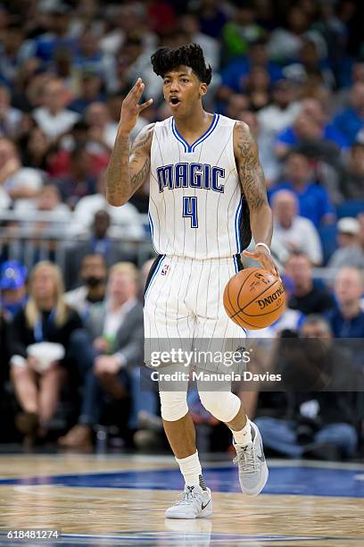 Elfrid Payton of the Orlando Magic reacts on opening night agains the Miami Heat on October 26, 2016 at Amway Center in Orlando, Florida. NOTE TO...