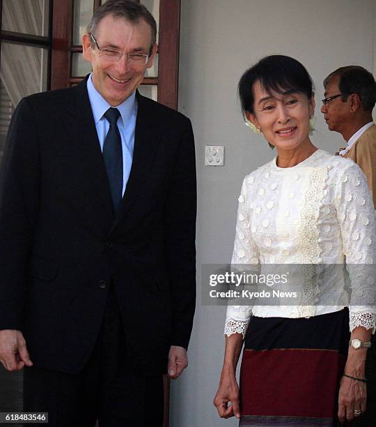 Myanmar - European Union Commissioner for Development Andris Piebalgs and Myanmar democracy icon Aung San Suu Kyi attend a press conference in Yangon...