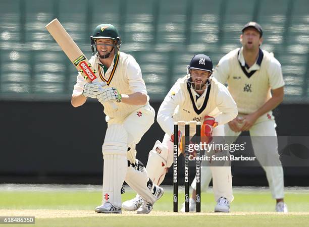 George Bailey of Tasmania bats during day three of the Sheffield Shield match between Victoria and Tasmania at the Melbourne Cricket Ground on...