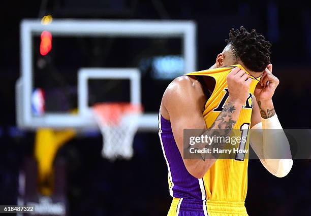 Angelo Russell of the Los Angeles Lakers reacts during the first half against the Houston Rockets at Staples Center on October 26, 2016 in Los...