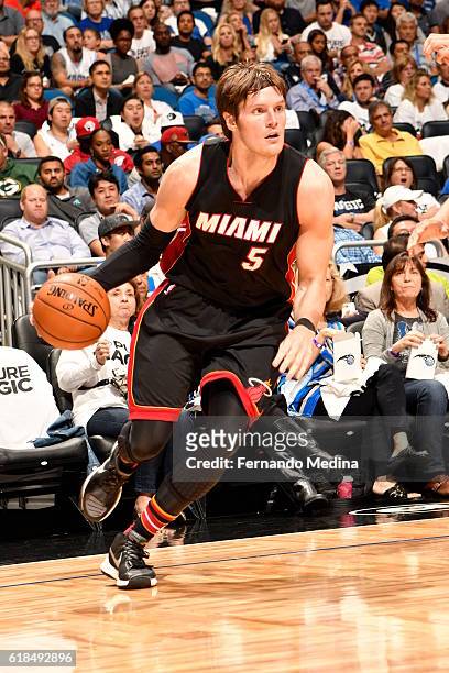 Luke Babbitt of the Miami Heat drives to the basket against the Orlando Magic on October 26, 2016 at Amway Center in Orlando, Florida. NOTE TO USER:...