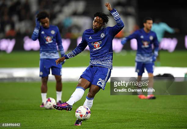 Nathaniel Chalobah of Chelsea warms up ahead of the EFL Cup fourth round match between West Ham United and Chelsea at The London Stadium on October...