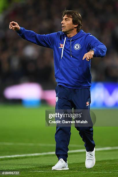 Antonio Conte, Manager of Chelsea looks on during the EFL Cup fourth round match between West Ham United and Chelsea at The London Stadium on October...