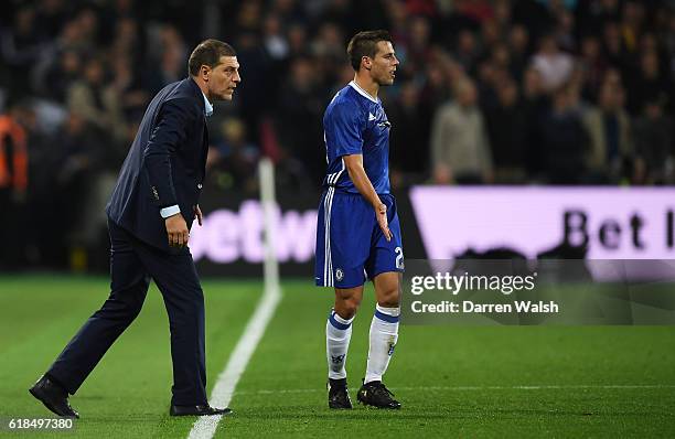 Slaven Bilic, Manager of West Ham United and Cesar Azpilicueta of Chelsea during the EFL Cup fourth round match between West Ham United and Chelsea...