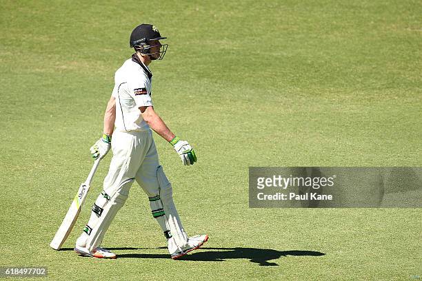 Cameron Bancroft of the Warriors walks back to the rooms after being dismissed by Daniel Worrall of the Redbacks during day three of the Sheffield...