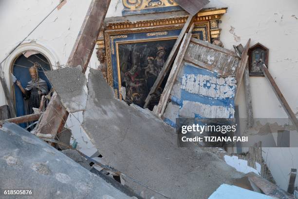 Picture shows the church of Borgo Sant'Antonio damaged by earthquakes, on October 27, 2016 near Visso, central Italy. Twin earthquakes rocked central...