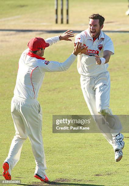 Chadd Sayers of the Redbacks celebrates after dismissing Mitchell Marsh of the Warriors for a golden duck during day three of the Sheffield Shield...