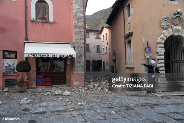 Picture shows rubbles in the village of Visso, central Italy, hit by earthquakes, on October 27, 2016. Twin earthquakes rocked central Italy on...