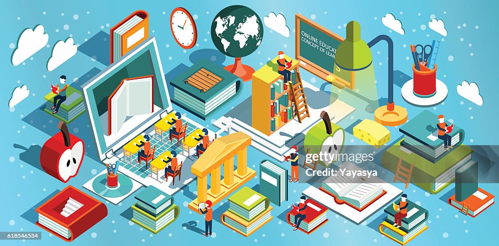 Online education Isometric flat design.