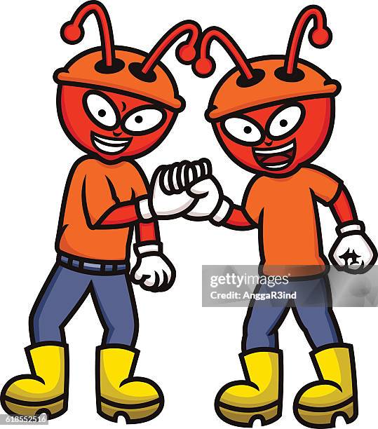ant workers shaking hands - orange construction hat stock illustrations