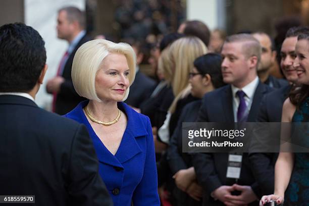 In the grand lobby of Trump International Hotel, Callista Gingrich, wife of Newt Gingrich, former Speaker of the House, arrives for the ribbon...