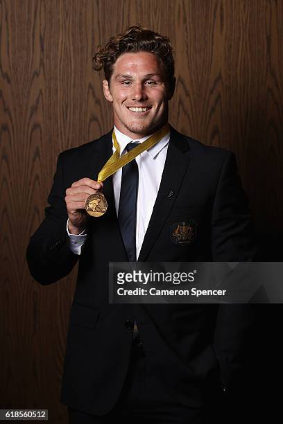 Michael Hooper of the Wallabies poses after being awarded the John Eales Medal during the 2016 John Eales Medal at Royal Randwick Racecourse on...