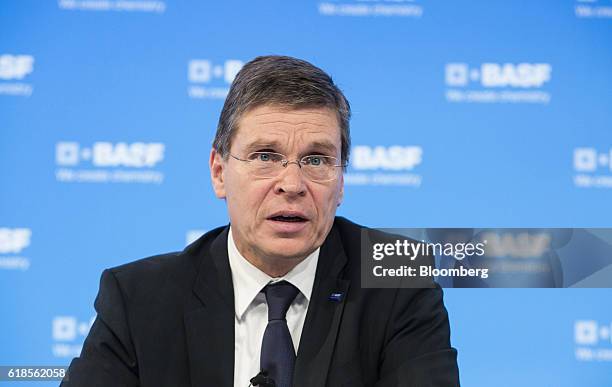 Hans-Ulrich Engel, chief financial officer of BASF SE, speaks during a news conference as the company announce its third quarter earnings in...