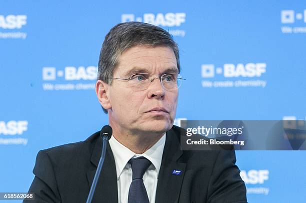 Hans-Ulrich Engel, chief financial officer of BASF SE, looks on during a news conference as the company announce its third quarter earnings in...