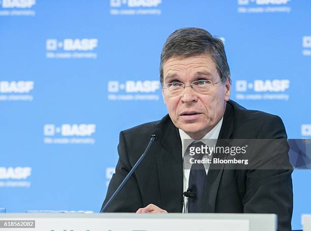 Hans-Ulrich Engel, chief financial officer of BASF SE, speaks during a news conference as the company announce its third quarter earnings in...