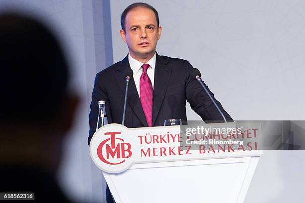 Murat Cetinkaya, Turkey's central bank governor, speaks during a news conference to present the quarterly inflation report in Istanbul, Turkey, on...