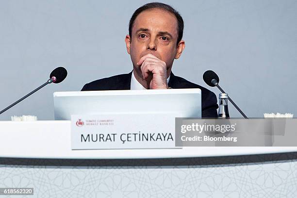 Murat Cetinkaya, Turkey's central bank governor, pauses during a news conference to present the quarterly inflation report in Istanbul, Turkey, on...