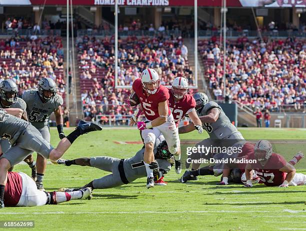 Christian McCaffrey of the Stanford Cardinal plays in an NCAA Pac-12 football game against the University of Colorado Buffaloes on October 22, 2016...