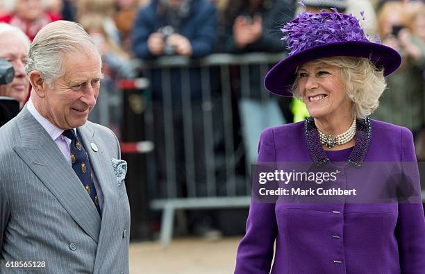 Prince Charles, Prince of Wales and Camilla, Duchess of Cornwall attend the unveiling of a statue of Queen Elizabeth The Queen Mother during a visit...