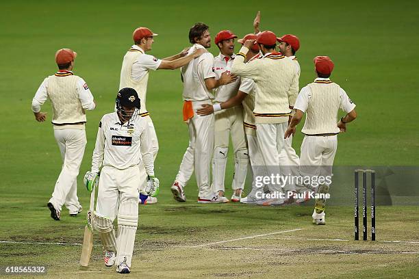 Sam Whiteman of the Warriors walks back to the rooms after being dismissed by Kane Richardson of the Redbacks during day three of the Sheffield...