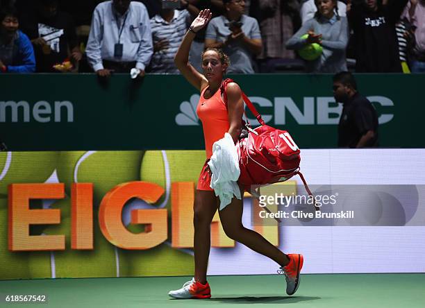 Madison Keys of the United States leaves the court after her singles match against Angelique Kerber of Germany during day 5 of the BNP Paribas WTA...