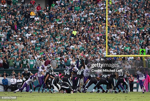 Caleb Sturgis of the Philadelphia Eagles kicks an extra point against the Minnesota Vikings at Lincoln Financial Field on October 23, 2016 in...