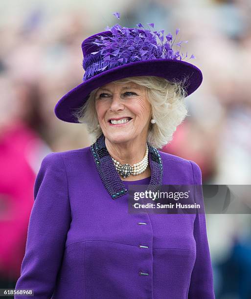 Camilla, Duchess of Cornwall tours Queen Mother Square on October 27, 2016 in Poundbury, Dorset.