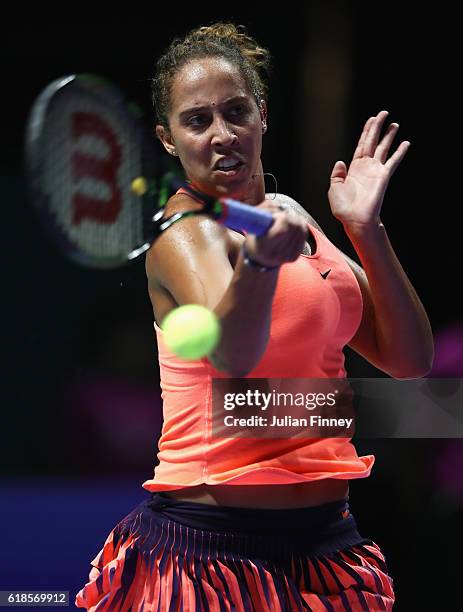 Madison Keys of the United States plays a forehand in her singles match against Angelique Kerber of Germany during day 5 of the BNP Paribas WTA...