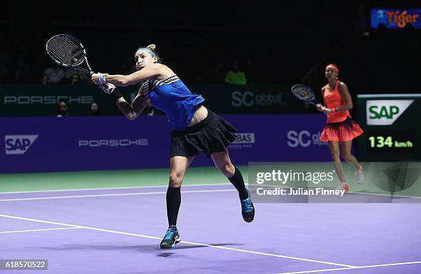 Bethanie Mattek-Sands of the United States and Lucie Safarova of Czech Republic in action in their doubles match against Yaroslava Shvedova of...