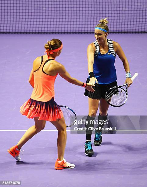 Bethanie Mattek-Sands of the United States and Lucie Safarova of Czech Republic celebrate in their doubles match against Yaroslava Shvedova of...