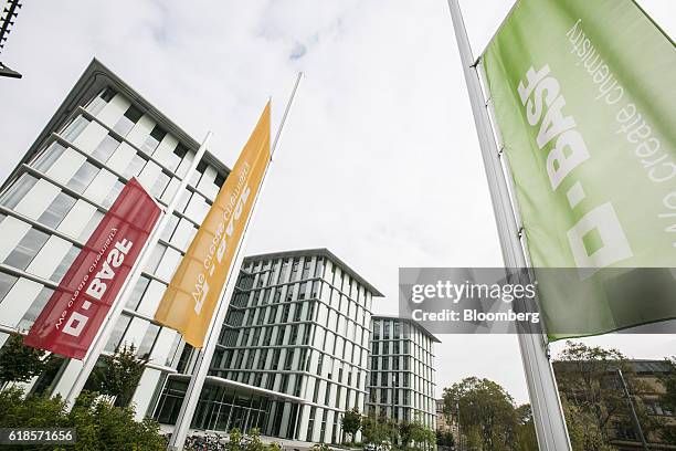 Multi-coloured banners fly outside the BASF SE headquarters following a news conference to announce the company's third quarter earnings in...