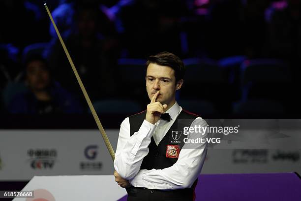 Michael Holt of England reacts during the quarter-final match against Stuart Bingham of England on Day five of the International Championship 2016 at...