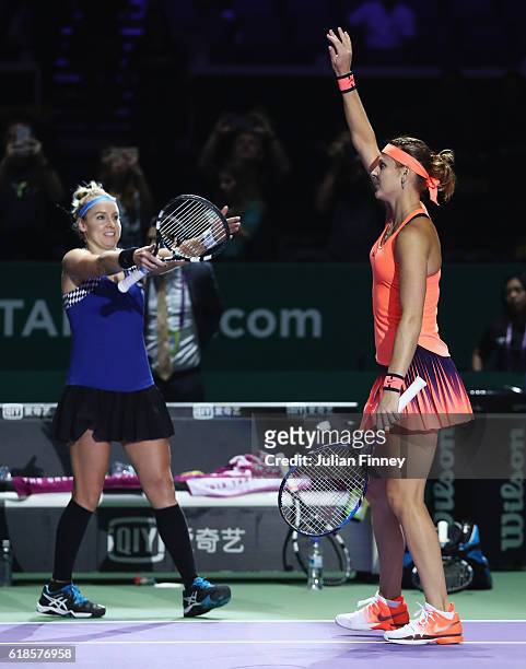 Bethanie Mattek-Sands of the United States and Lucie Safarova of Czech Republic celebrate victory in their doubles match against Yaroslava Shvedova...