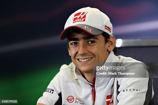 Esteban Gutierrez of Mexico and Haas F1 talks in the Drivers Press Conference during previews to the Formula One Grand Prix of Mexico at Autodromo...