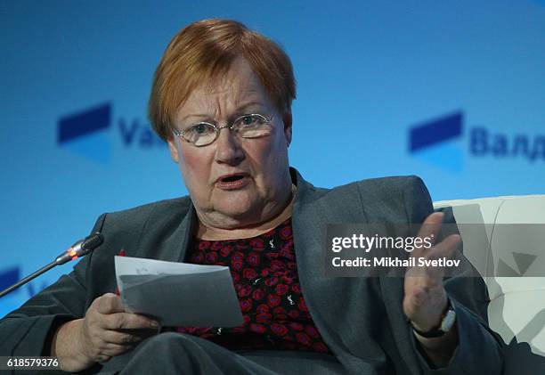 Former Finland's President Tarja Halonen speeches during the meeting of Valdai Disussion Club in Sochi, Russia, on October 2016. Putin has arrived to...