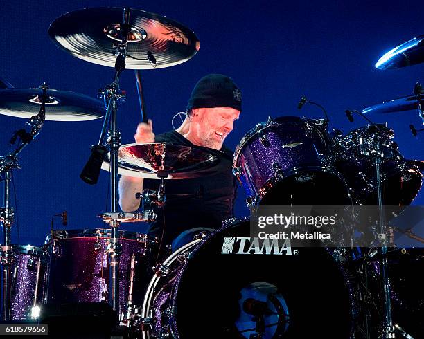 Lars Ulrich of Metallica performs at Coliseo de Puerto Rico on October 26, 2016 in Hato Rey, Puerto Rico.