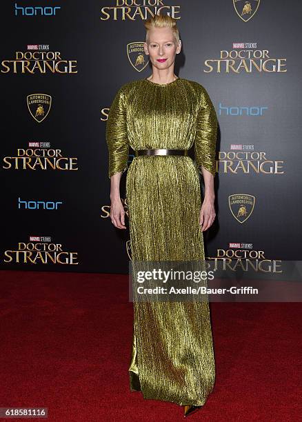 Actress Tilda Swinton arrives at the Los Angeles Premiere of 'Doctor Strange' on October 20, 2016 in Hollywood, California.