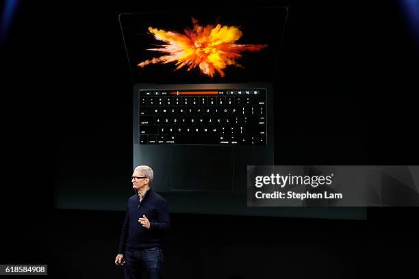 Apple CEO Tim Cook announces the all-new MacBook Pro during a product launch event on October 27, 2016 in Cupertino, California. Apple Inc. Is...