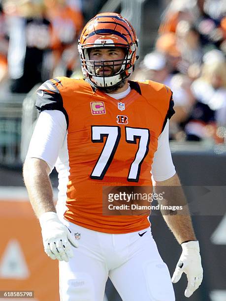 Left tackle Andrew Whitworth of the Cincinnati Bengals walks onto the field during a game against the Cleveland Browns on October 23, 2016 at Paul...