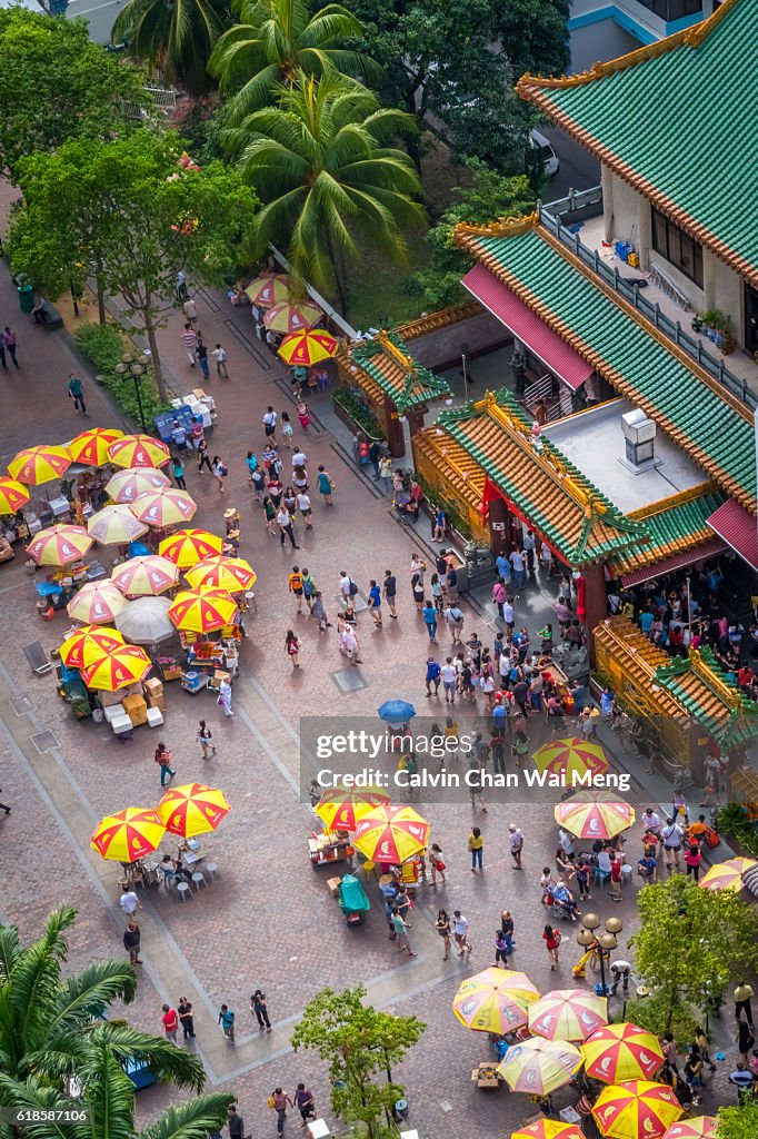 High angle view of Chinese "Kwan Yin" Temple in downtown district - Singapore