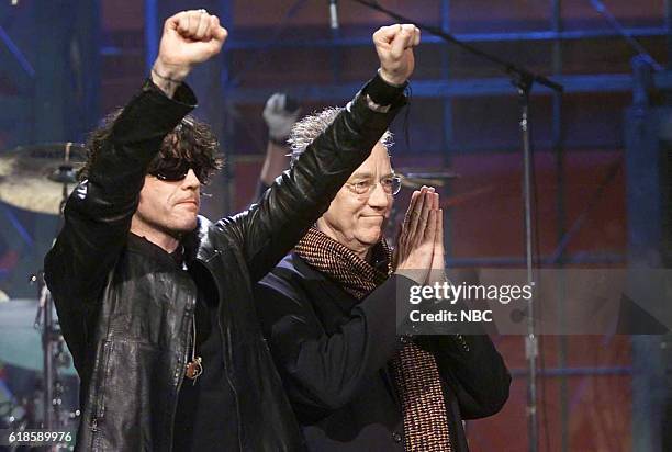 Episode 2410 -- Pictured: Musical guests Ian Astbury and Ray Manzarek of The Doors after the performance on January 16, 2003 --