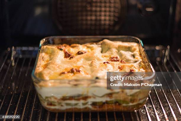 pasta dish - lasagne verdi baking in oven - cream sauce stock pictures, royalty-free photos & images