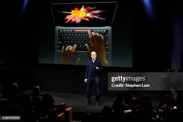 Apple CEO Tim Cook speaks during a product launch event on October 27, 2016 in Cupertino, California. Apple Inc. Unveiled the latest iterations of...