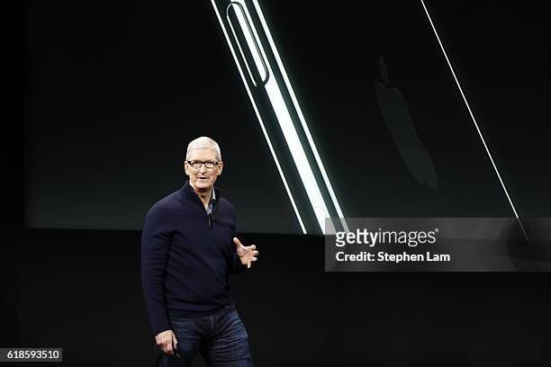 Apple CEO Tim Cook speaks during a product launch event on October 27, 2016 in Cupertino, California. Apple Inc. Unveiled the latest iterations of...